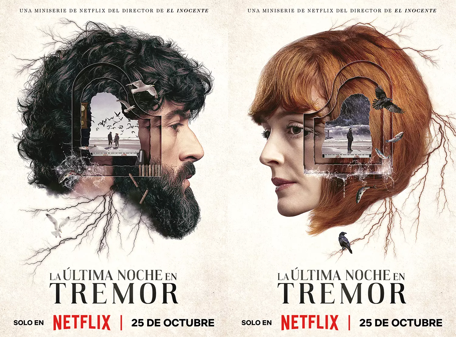 Cartel de La última noche en Tremor con los dos protagonistas mirándose de perfil y con un diseño en el que podemos ver imágenes de sus pensamientos a través de una ventana dibujada en sus cabezas con forma de piano