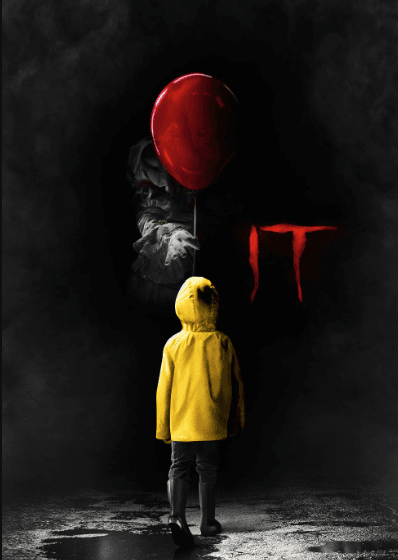 Cartel de IT donde se ve a un niño pequeño ataviado con un chubasquero amarillo recibiendo un globo rojo sangre que le otorga una tenebrosa mano que sale de la oscuridad