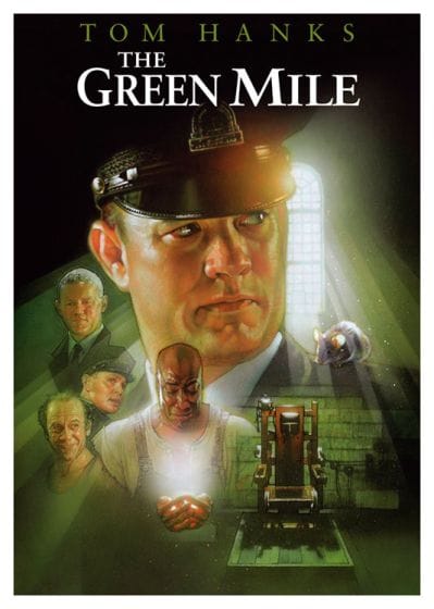 Cartel artístico de La Milla Verde con la imagen de una silla eléctrica en el centro de la sala y diversos rostros de los actores que salen en la película, con Tom Hanks a la cabeza.